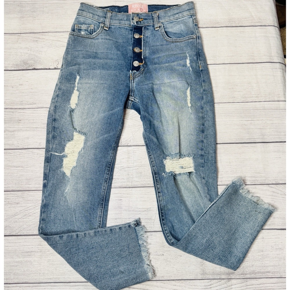 REVICE Dream Fit Jeans Sweet Monday Wash 28 Button Fly Raw Hem Distressed Slim